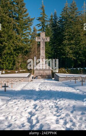 Le Linge Soldatenfriedhof im Schnee, Ersten Weltkrieg Schlachtfeld, Méjannes-le-Clap, (68), Vogesen, Grand Est Region, Frankreich Stockfoto