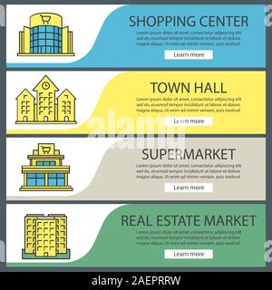Stadt gebäude Web Banner Vorlagen eingestellt. Shopping Mall, Town Hall, Supermarkt, mehrstöckiges Gebäude. Website Farbe Menüpunkte. Vektor header Design Stock Vektor