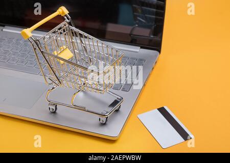 Kleine Einkaufswagen stehen auf dem Laptop. Stockfoto