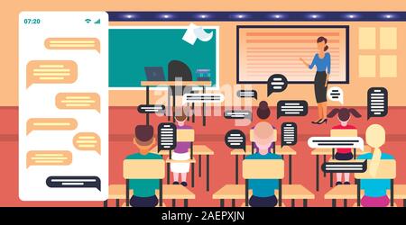 Schüler mit Smartphones mobile Chat app Social Network chat bubble Kommunikationskonzept mix Rennen Schulkinder am Schreibtische moderne Klassenzimmer innere Bildschirm des Smartphones Rückansicht horizontale Vektor illustration Sitzen Stock Vektor