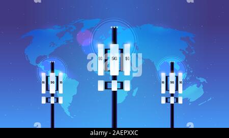 Empfänger der Basisstation 5 G online Kommunikation tower Network Technology Systems Verbindungsinformationen sender Konzept global high speed Internet World Map Hintergrund waagrechten Vector Illustration Stock Vektor