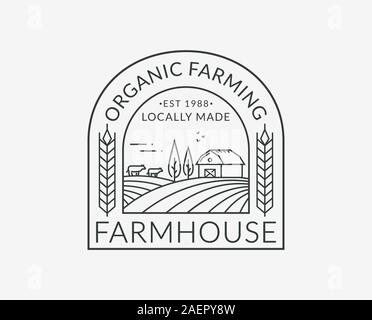 Farm-Logo auf weißem Hintergrund isoliert. Linie Emblem mit Bauernhof, Kühe und Weizenohr. Vektor-Umriss-Abzeichen für Naturprodukte und Bio-Lebensmittel. Stock Vektor