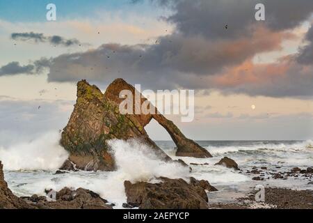 Bogen GEIGE ROCK PORTKNOCKIE Küste von Moray in Schottland stürmischen WINTER SONNENUNTERGANG mit farbigen Wolken und ein AUFGEHENDEN MOND Stockfoto