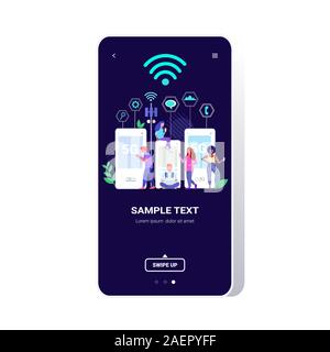 Menschen mit digitalen Gadgets 5 G online drahtloses System Verbindung 5. innovative Generation von Internet in voller Länge der Bildschirm des Smartphones kopieren Raumzeiger Abbildung Stock Vektor