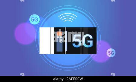 Smart Home Appliance Mikrowelle 5 g online drahtlose Verbindung Konzept 5. innovative Generation von High speed Internet waagrechten Vector Illustration Stock Vektor