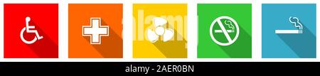 Set aus bunten Web flache Design Vector Icons, Rollstuhl, Zigarette, Ventilator, nicht Raucher Schaltflächen in eps 10 für Webdesign und mobile Anwendungen o Stock Vektor