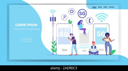 Menschen mit digitalen Gadgets 5 G online drahtloses System Verbindung 5. innovative Generation von Internet in voller Länge horizontale Bildschirm des Smartphones kopieren Raumzeiger Abbildung Stock Vektor