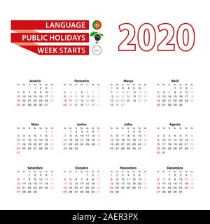 Kalender 2020 in portugiesischer Sprache mit Feiertagen des Landes Brasilien im Jahr 2020. Woche beginnt ab Sonntag. Vector Illustration. Stock Vektor