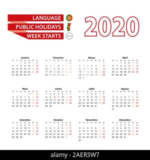 Kalender 2020 in portugiesischer Sprache mit Feiertagen des Landes von Portugal im Jahr 2020. Woche beginnt ab Montag. Vector Illustration. Stock Vektor