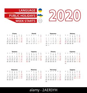 Kalender 2020 in ukrainischer Sprache mit Feiertagen des Landes der Ukraine im Jahr 2020. Woche beginnt ab Montag. Vector Illustration. Stock Vektor