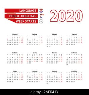 Kalender 2020 in kroatischer Sprache mit Feiertagen des Landes von Kroatien im Jahr 2020. Woche beginnt ab Montag. Vector Illustration. Stock Vektor