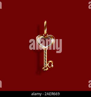 Valentinstag. Gold Anhänger Charm in Form eines Herzens Schlüssel in Weiß und Gelb Gold. 3D mit Schatten. Vector Illustration Stock Vektor