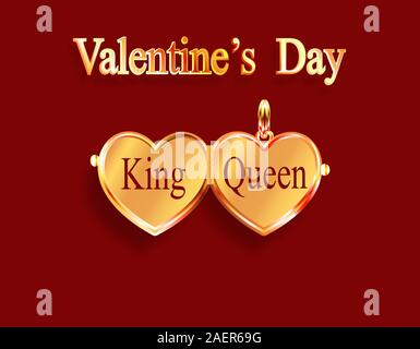 Valentinstag. Der König und die Königin. Gold Medaillon. Herzanhänger in Gelbgold. 3D mit Schatten. Vector Illustration Stock Vektor