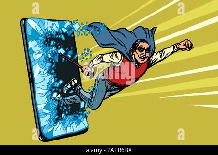 Online-Service für Rentner Konzept. Der alte Mann schlägt auf den Bildschirm des Smartphones Stock Vektor