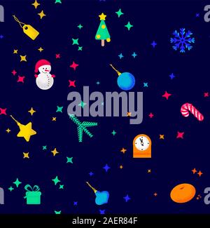 Vektor nahtlose Muster der Design Elemente mit Attributen der Neues Jahr und Weihnachten auf einem blauen Hintergrund. Kann für die Verpackung Geschenk Papier verwendet werden Stock Vektor