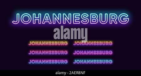 Neon Johannesburg Name, Stadt in Südafrika. Neon Text von Johannesburg Stadt. Vektor einrichten von glühenden Schlagzeilen mit transparenten Hintergrundbeleuchtung. Helle Gradi Stock Vektor