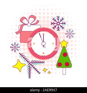 Neues Jahr und Weihnachten Element Vorlage. Weihnachtsbaum, Schneeflocken, Äste, und der Schachtel Geschenke und unter vorhanden. Uhren zeigt 5 Minuten Stock Vektor