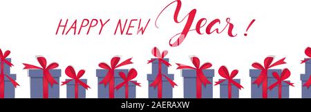 Horizontale lange Banner mit neuen Jahr Geschenke und handdrawn Schriftzug wishings Frohes neues Jahr. Vector Illustration. Stock Vektor