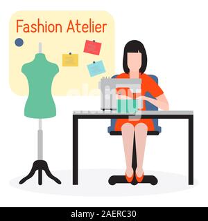 Vector Illustration auf weißem Hintergrund Frau Näherin arbeitet auf Nähmaschine anpassen. Atelier Schneiderei Näherei. Fashion Designer Stock Vektor