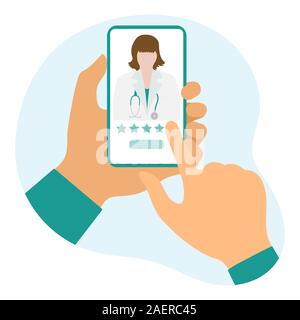 Online Arzt Vector Illustration Konzept. Hand des Patienten mit Hilfe von online Medizin Dienstleistungen, die von Smartphones. Rating. Medizinische Unterstützung Aufsicht monitorin Stock Vektor