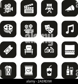 Movie Icons Weiß auf Schwarz gesetzt Stock Vektor