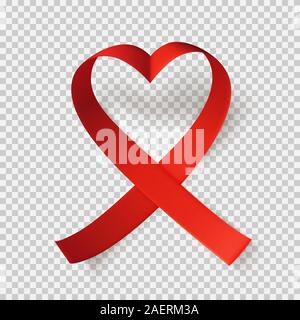 Realistische herzförmige rote Schleife auf weißem Hintergrund, welt-aids-tag Symbol am 1. Dezember. Weltkrebstag Symbol, den 4. Februar. Design templ Stock Vektor