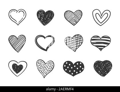 Satz von Doodle verziert Herz geformt Symbole. Sammlung von verschiedenen handgezeichneten romantischen Herzen für Website, Stock Vektor
