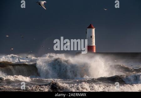 Stürmische Meere brechen über Berwick Pier (1810-1825) von John Rennie, und dem Leuchtturm (1826) nach Entwürfen von Joseph Nelson. Stockfoto