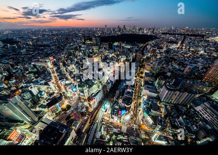 Tokyo, Japan - 5 November 2019: Shibuya Scramble crossing Stadtbild Landschaft, auto transport und gedrängten Menschen gehen. Hohe Betrachtungswinkel Stockfoto