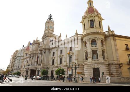 VALENCIA, Spanien - 28. NOVEMBER 2019: Valencia City Hall, Spanien Stockfoto