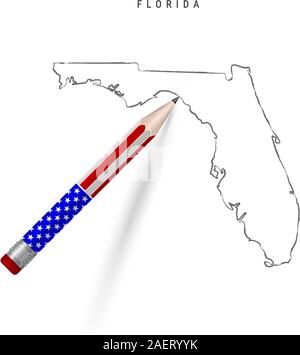 Florida US-vektorkarte Bleistift Skizze. Florida Außenkontur Karte mit 3D-Bleistift in der amerikanischen Flagge Farben. Freehand Vektor, Hand ske gezeichnet Stock Vektor