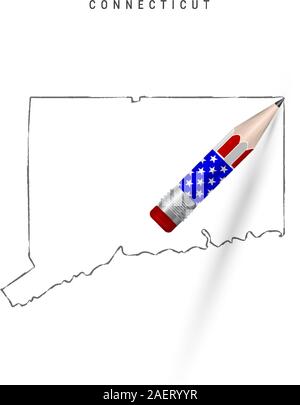 US-Staat Connecticut Vektorkarte bleistift Skizze. Connecticut Außenkontur Karte mit 3D-Bleistift in der amerikanischen Flagge Farben. Freehand Vektor, Hand d Stock Vektor