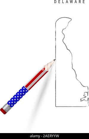 Delaware US-vektorkarte Bleistift Skizze. Delaware Außenkontur Karte mit 3D-Bleistift in der amerikanischen Flagge Farben. Freehand Vektor, Hand s erstellt Stock Vektor