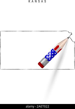 Kansas State Vektorkarte bleistift Skizze. Kansas Außenkontur Karte mit 3D-Bleistift in der amerikanischen Flagge Farben. Freehand Vektor, von Hand gezeichnet sketc Stock Vektor