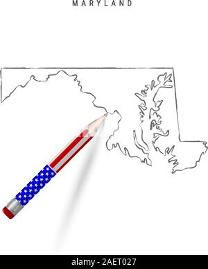 Maryland US-vektorkarte Bleistift Skizze. Maryland Außenkontur Karte mit 3D-Bleistift in der amerikanischen Flagge Farben. Freehand Vektor, Hand s erstellt Stock Vektor