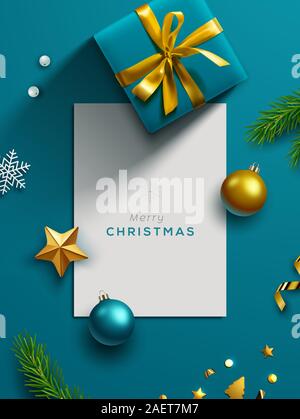 Blue Christmas Banner, Rahmen, Header, Hintergrund- oder Grußkarte Design mit Weihnachtsdekor einschließlich christbaumkugeln, Geschenkboxen, Tannenbaum Stecklinge. Stock Vektor