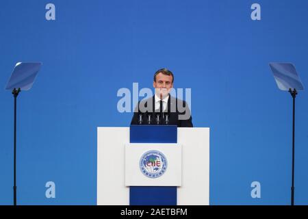 Die etablierten französischen Präsident Emmanuel Längestrich liefert eine Rede bei der Eröffnung des zweiten China International Import Expo (CIIE) auf nationaler Stockfoto