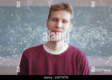 Ein Portrait des jungen Mann Gesicht aus der digitalen Pixel, Technologie Konzept Stockfoto