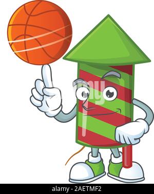 Maskottchen der grüne Streifen Feuerwerk Rakete Zeichentrickfigur Stil mit Basketball Stock Vektor