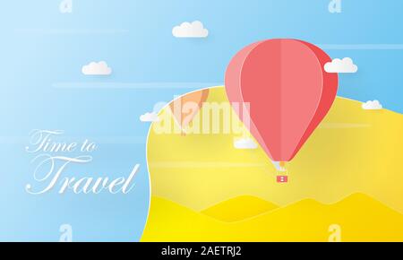 Papierkunst des Heißluftballons über der Wolke fliegen, Holiday Concept Stockfoto