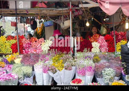 Ein Anbieter verkauft Blumen an ihrem Stall in einem Blumenmarkt in Hanoi, Vietnam Stockfoto