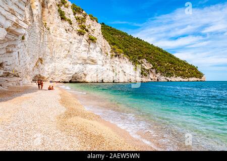 Baia delle Zagare, Gargano, Apulien, Italien - 10 September, 2019: die Menschen am wunderschönen Kiesstrand von hohen weissen Felsen und berühmten Meer umgeben Stockfoto