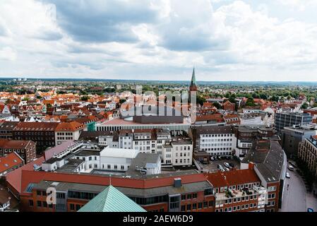 Lübeck, Deutschland - August 3, 2019: Luftbild der Altstadt der Hansestadt Stockfoto