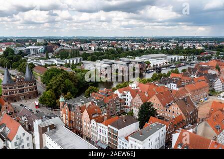 Lübeck, Deutschland - August 3, 2019: Luftbild der Altstadt der Hansestadt Stockfoto