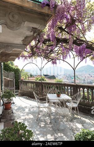 Fantastische Veranda von bunten Wisteria an einem schönen Frühlingstag abgedeckt Stockfoto