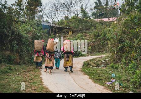 TA PHIN, Lao Cai, VIETNAM - 12. Januar 2019: Unbekannter Red Dao Frauen in der Ta Phin Dorf entfernt. Red Dao ist eine der ethnischen Minderheiten in V Stockfoto