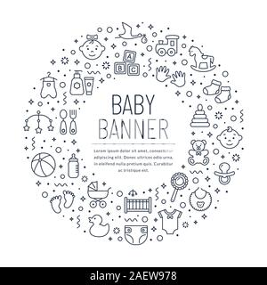 Babybanner mit Linien-Symbolen. Kinderspielzeug und Kleidung, Neugeborene und Kinder. Weißer Hintergrund mit schwarzen Umrisssymbolen und Textort. Stock Vektor