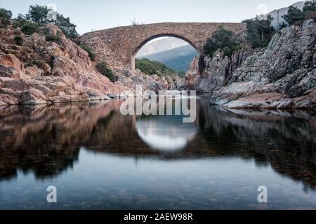 Alte Steinbrücke von Ponte Vecchiu Genueser Brücke über den kristallklaren Fango Fluss in Korsika Stockfoto