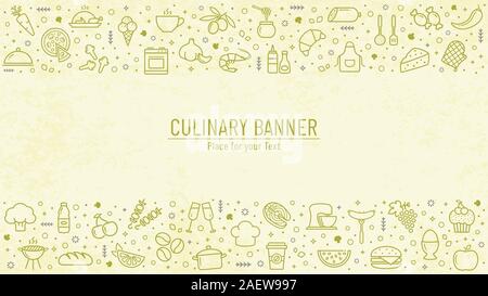 Kochen Banner mit Essen und Küche Zeile für Symbole und Kopieren. Kulinarische Hintergrund mit Platz für Text. Vector Illustration. Stock Vektor