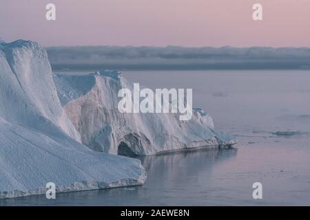 3 Buckelwal Tauchen in der Nähe von Ilulissat unter Eisberge während Pink midnight sun. Sonnenaufgang und Sonnenuntergang. Die Quelle wird von der Jakobshavn Gletscher. Die Stockfoto